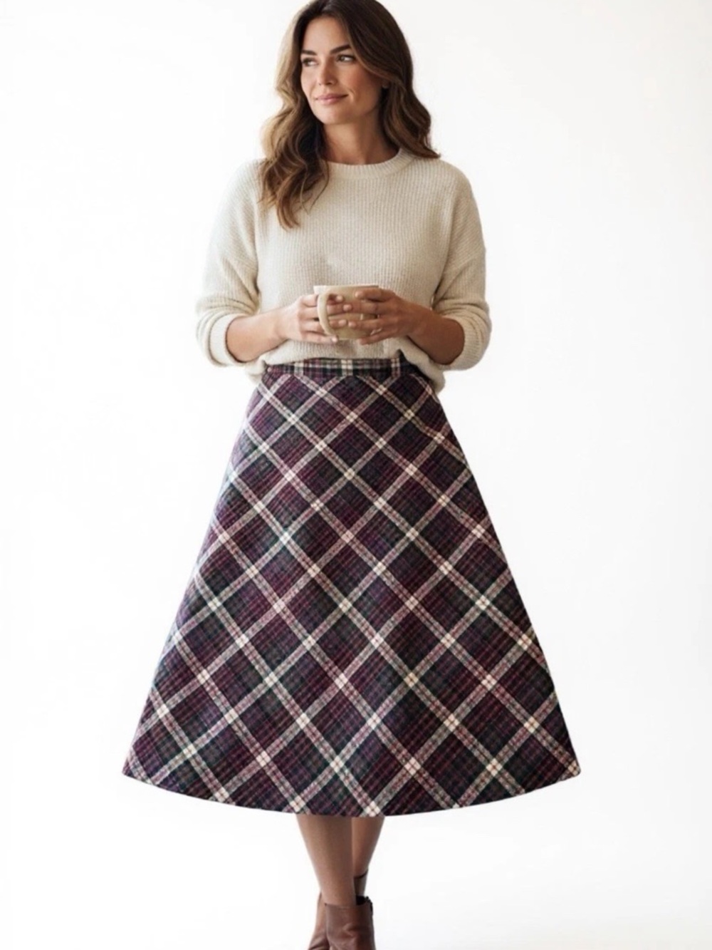 Burgundy Plaid A-Line Midi Skirt High Waisted Tartan Preppy Fall Vintage Style
